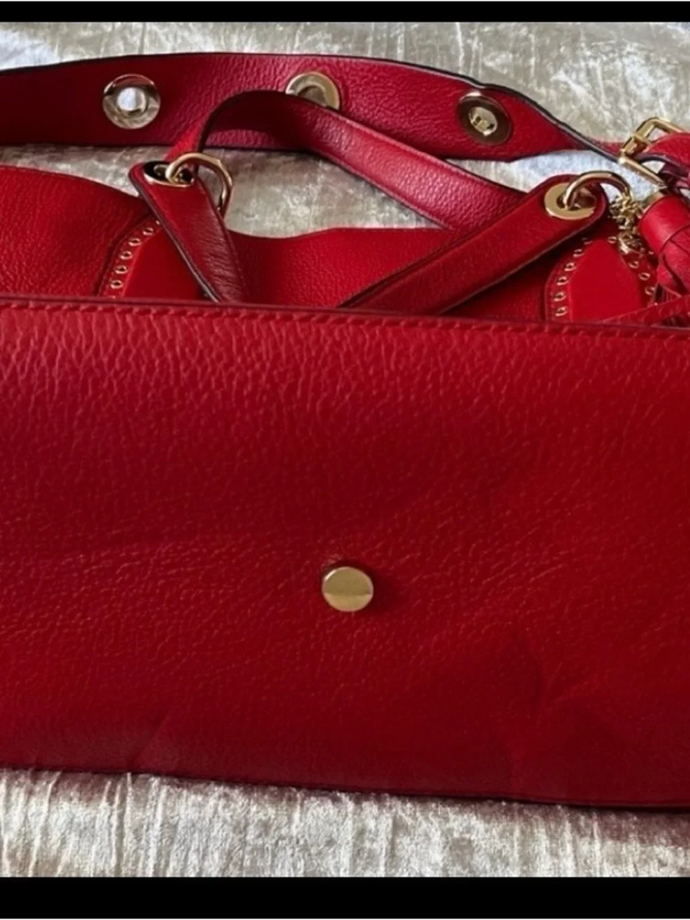 Michael Kors Red Leather Tote with Tassel and Gold Accents - Picture 4 of 9